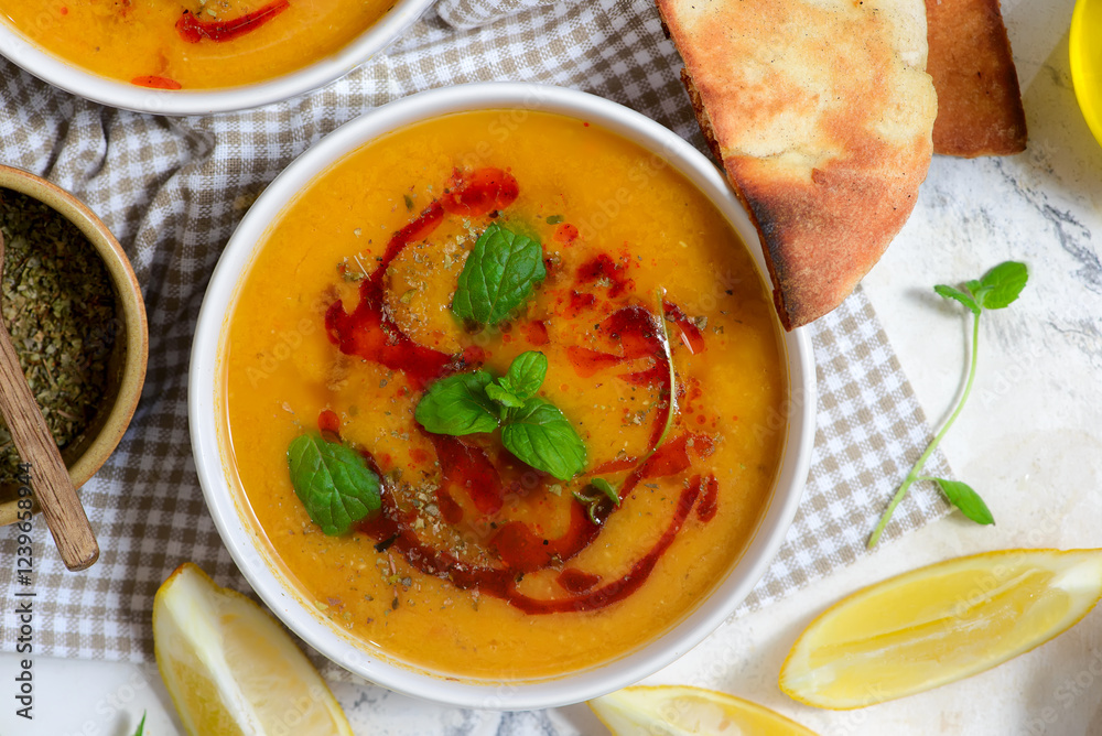 Traditional Turkish Vegan Red Lentil veggy soup .style rustic Traditional Turkish Vegan Red Lentil veggy soup .style rustic