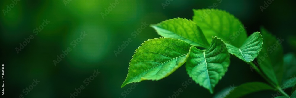 Fototapeta premium Vibrant green leaf, lush detail, dark backdrop , photography, vibrant