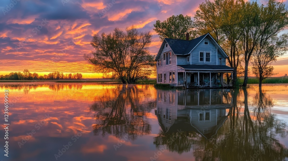 Obraz premium A rural house elevated above a flooded field, with reflections of trees and a glowing sunset in the water, creating a serene yet powerful image of nature impact.