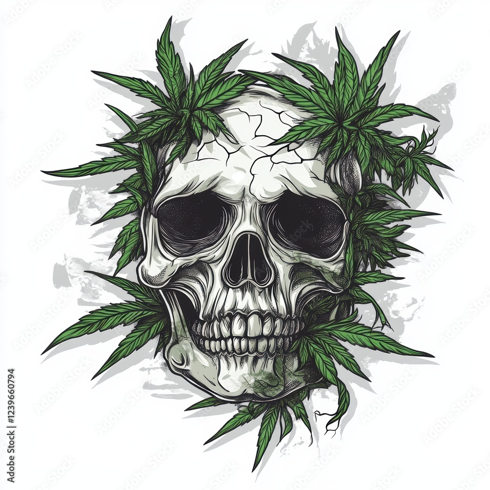 Fototapeta premium Skull with marijuana plants growing out of it, vector design for a t-shirt on a white background
