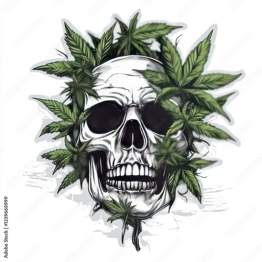 Fototapeta premium Skull with marijuana plants growing out of it, vector design for a t-shirt on a white background