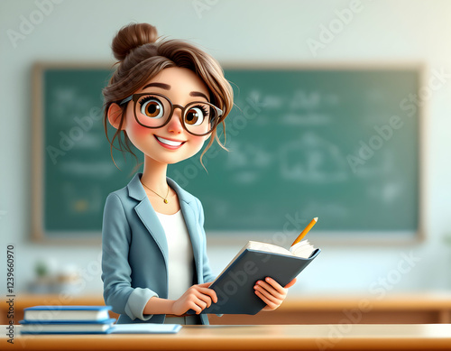 3D Cartoon Female Teacher Character – Generative AI Cute and Friendly Teacher on Transparent Background, Classroom Style.
