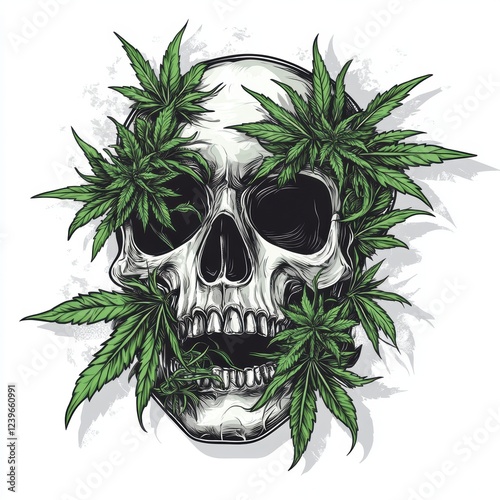 Skull with marijuana plants growing out of it, vector design for a t-shirt on a white background
