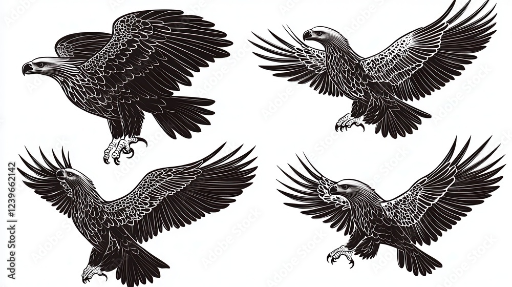 Fototapeta premium Bundle set of Black and White Eagles in Flight
