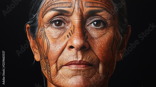 Intricate Facial Tattoos on an Elderly Woman with Wise Expression