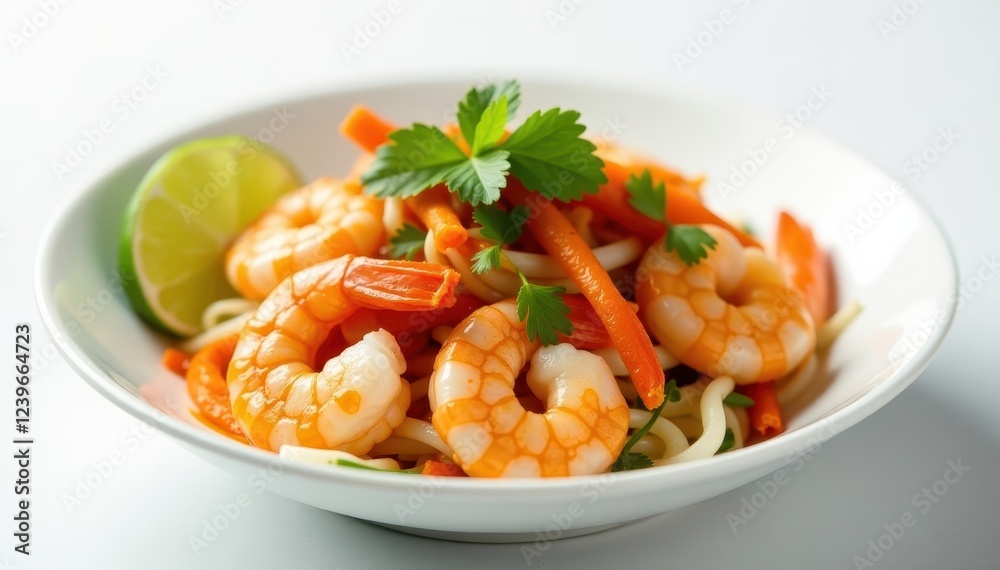 Close-up of delicious Vietnamese shrimp salad, white backdrop , ingredients, healthy Close-up of delicious Vietnamese shrimp salad, white backdrop , ingredients, healthy