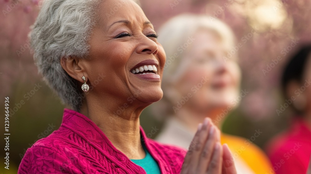 Joyful Senior Woman Smiles in Spring Blossoms During Outdoor Gathering Joyful Senior Woman Smiles in Spring Blossoms During Outdoor Gathering