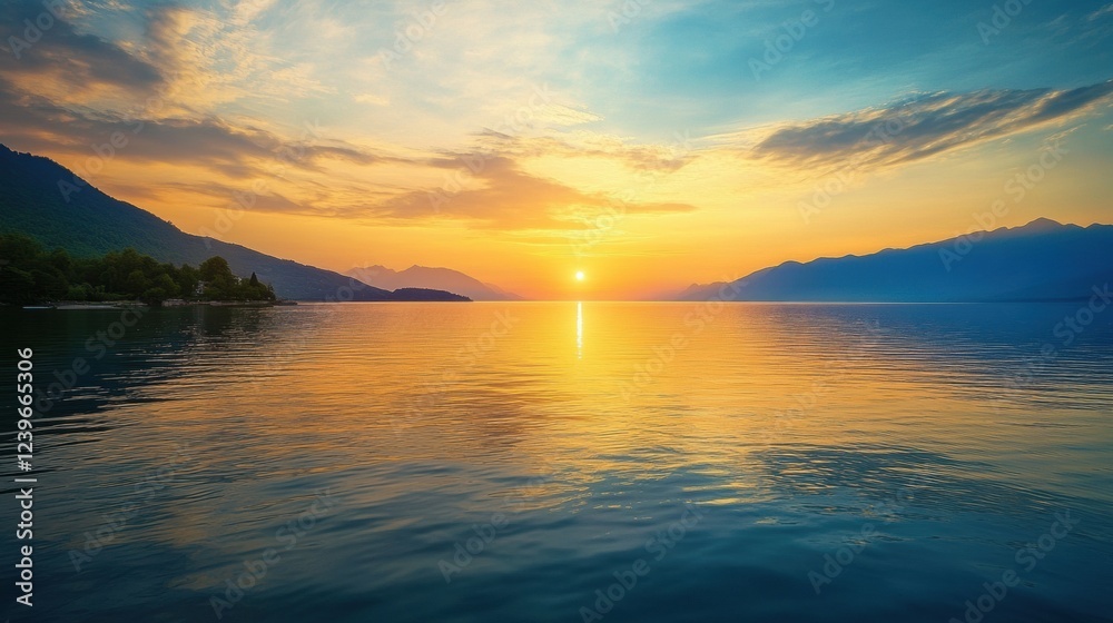 Sunset over the calm waters reflecting vibrant colors behind mountain silhouettes. Generative AI Sunset over the calm waters reflecting vibrant colors behind mountain silhouettes. Generative AI