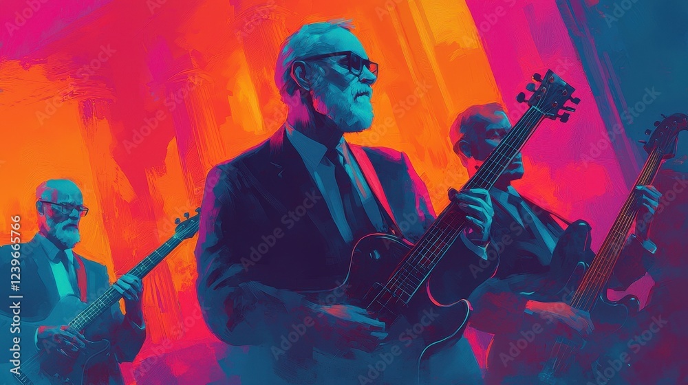 Fototapeta premium Stylish Band Performing with Electric Guitar in Vibrant Colors