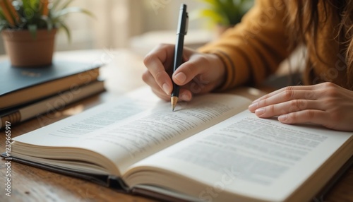 Woman s Hands Writing in Textbook Studying Education Concept Close Up photo