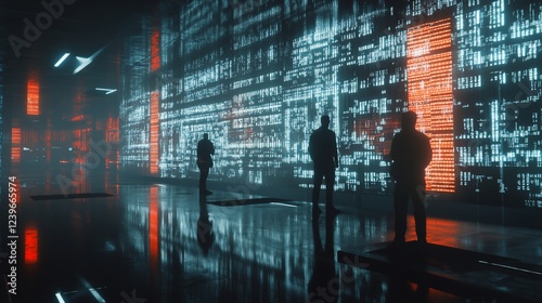 Wallpaper Mural Silhouettes Observing a Digital Data Wall in a Futuristic Space Torontodigital.ca