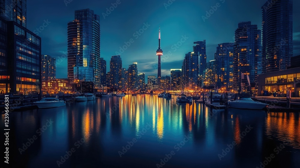 A stunning view of a glowing metropolitan skyline at blue hour, with its bright lights reflecting on a serene harbor, capturing the essence of modern city life. A stunning view of a glowing metropolitan skyline at blue hour, with its bright lights reflecting on a serene harbor, capturing the essence of modern city life.