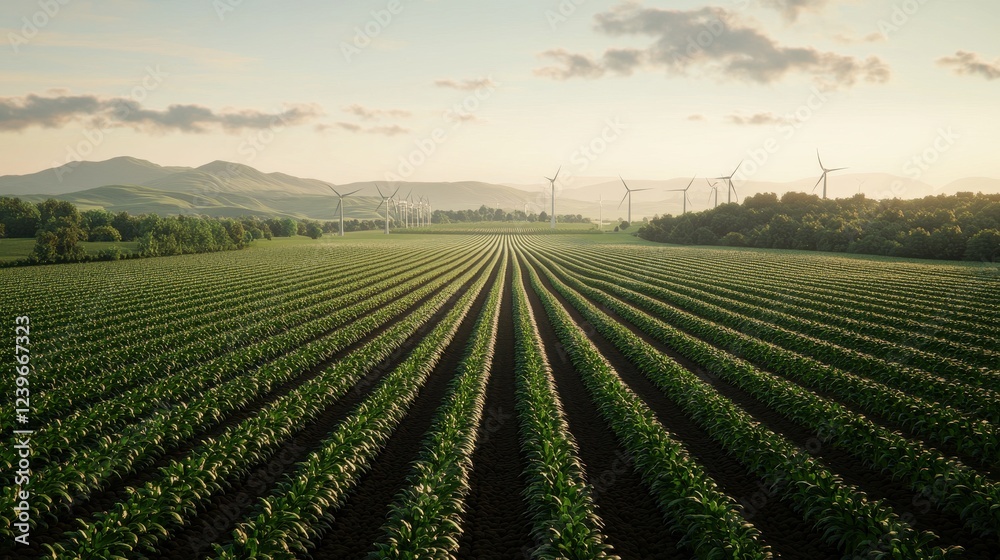 Lush Green Fields with Wind Turbines Under a Clear Sky at Dusk Lush Green Fields with Wind Turbines Under a Clear Sky at Dusk