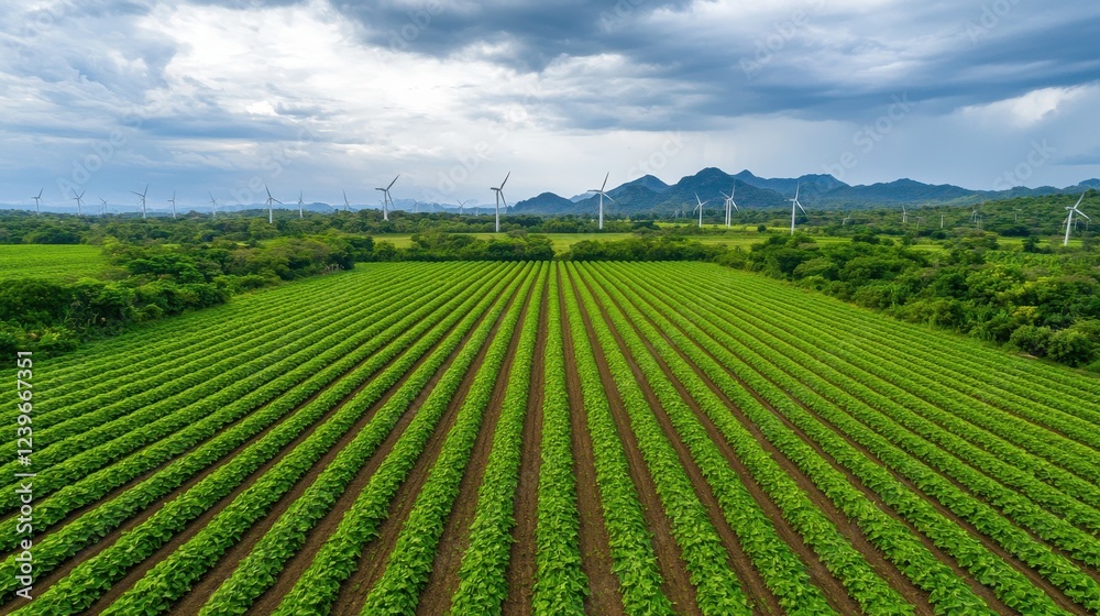 Aerial View of Lush Green Fields and Wind Turbines Under Cloudy Sky Aerial View of Lush Green Fields and Wind Turbines Under Cloudy Sky