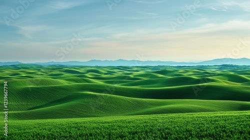 Lush Green Rolling Hills Under Clear Blue Sky at Sunset