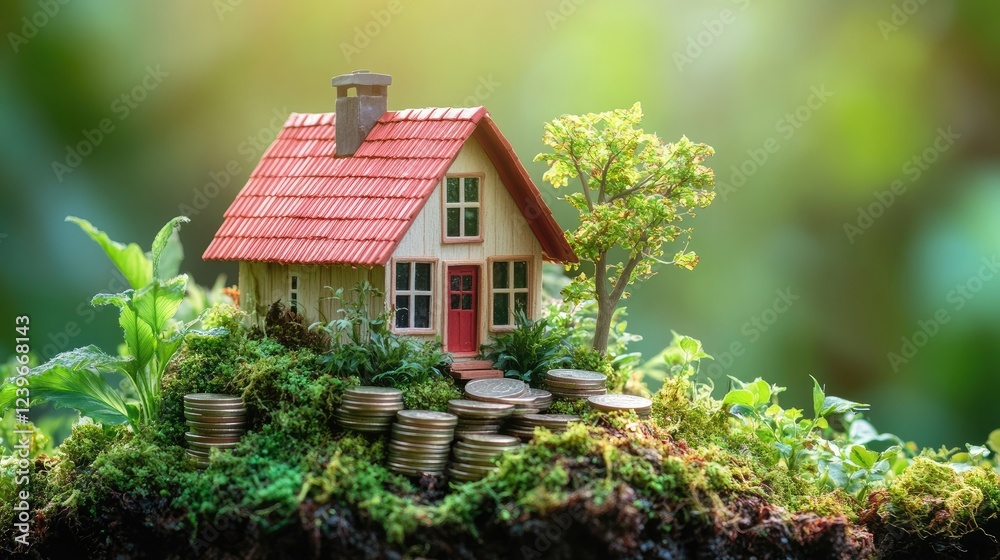A tiny house on a stack of coins, surrounded by flourishing plants and trees, representing eco-friendly housing and sustainable living in harmony with nature. A tiny house on a stack of coins, surrounded by flourishing plants and trees, representing eco-friendly housing and sustainable living in harmony with nature.