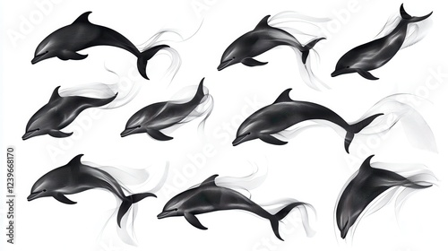 Bundle set of Dolphins Leaping and Swimming in Abstract Water photo