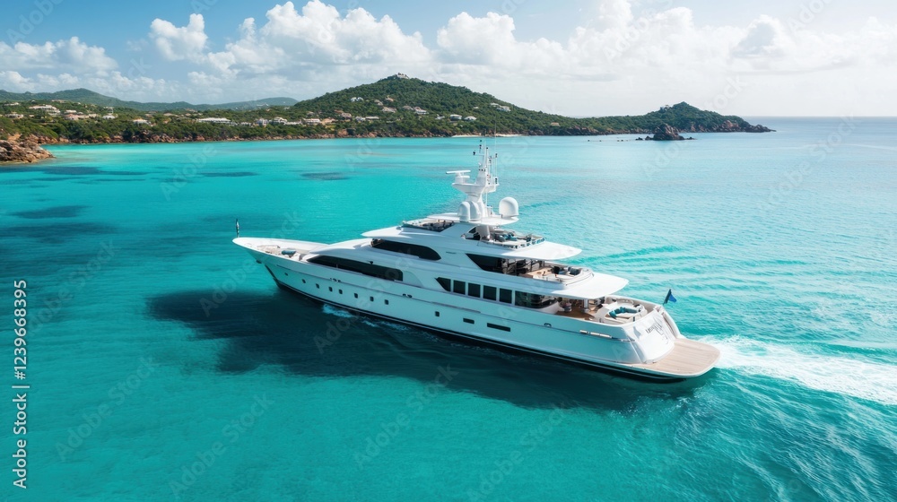 Luxury yacht cruising on turquoise waters with island backdrop on a sunny day Luxury yacht cruising on turquoise waters with island backdrop on a sunny day