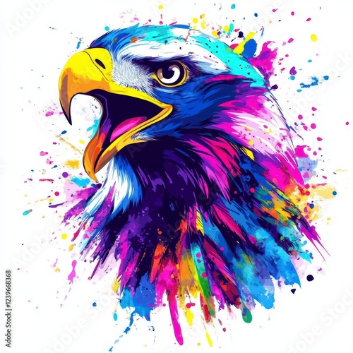 Vector art, vector illustration of an eagle head with color splashes in the background, white background photo