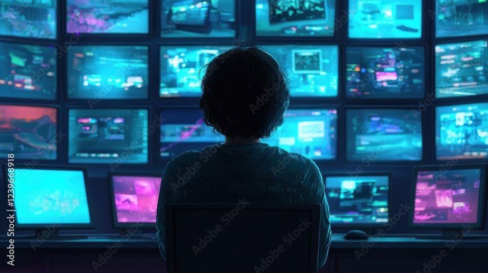 Person Observing Multiple Monitors in a Dark Control Room Setting Person Observing Multiple Monitors in a Dark Control Room Setting