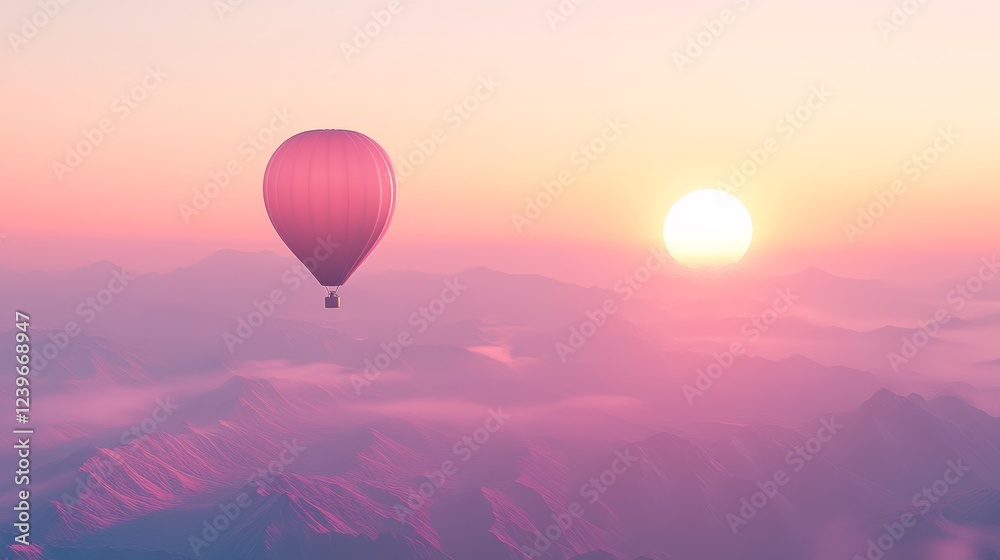 Hot air balloon floats above mountains at sunrise in a pastel sky creating a serene landscape experience Hot air balloon floats above mountains at sunrise in a pastel sky creating a serene landscape experience