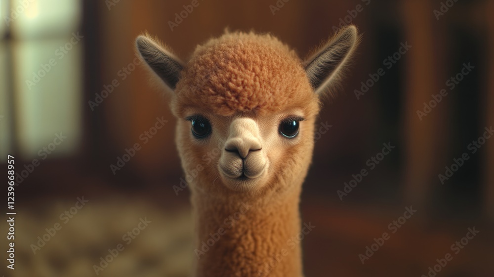 Obraz premium Sweet, fuzzy baby alpaca with bright eyes and a gentle demeanor. Perfect pet for any family.
