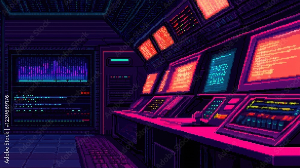 Futuristic Control Room with Neon Displays and Glowing Panels Futuristic Control Room with Neon Displays and Glowing Panels