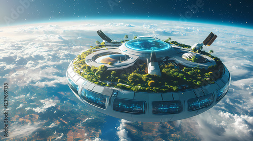 Fototapeta Naklejka Na Ścianę i Meble -  Suitable for space exploration, sci-fi themes and futuristic presentations, this futuristic space station overlooks earth. Celestial Themes. Illustration