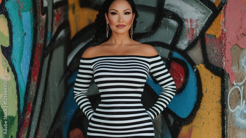 Naklejka premium Elegant Woman Posing in Striped Dress Against Colorful Graffiti Wall
