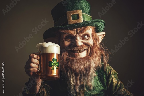 A joyful leprechaun in his traditional outfit holding a mug of beer, celebrating St Patrick's Day with a jovial smile.
