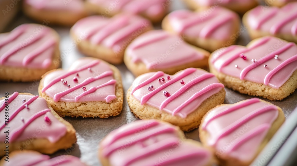 A tray filled with heart-shaped Valentine cookies, drizzled with pink icing and ready for a romantic gesture or party treat. A tray filled with heart-shaped Valentine cookies, drizzled with pink icing and ready for a romantic gesture or party treat.
