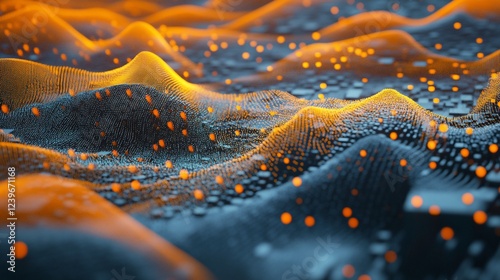Abstract digital landscape with glowing orange particles on a dark blue surface