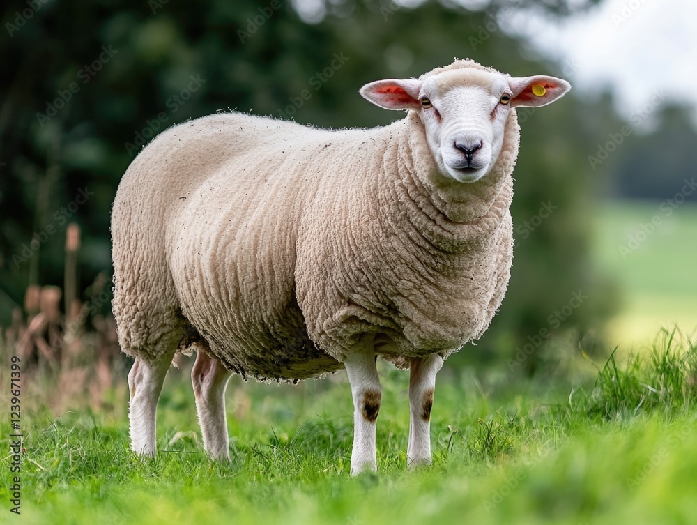 Obraz premium Fluffy sheep on pasture. Rear view of standing sheep with woolly coat.