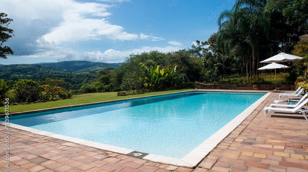 Luxurious pool with stunning mountain view on a sunny day invites relaxation Luxurious pool with stunning mountain view on a sunny day invites relaxation