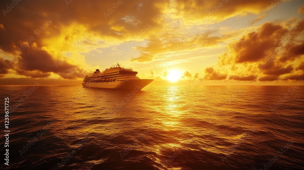 A warm golden sunrise over the ocean as a vacation cruise ship sets sail across tranquil waters, offering a stunning coastal view. A warm golden sunrise over the ocean as a vacation cruise ship sets sail across tranquil waters, offering a stunning coastal view.