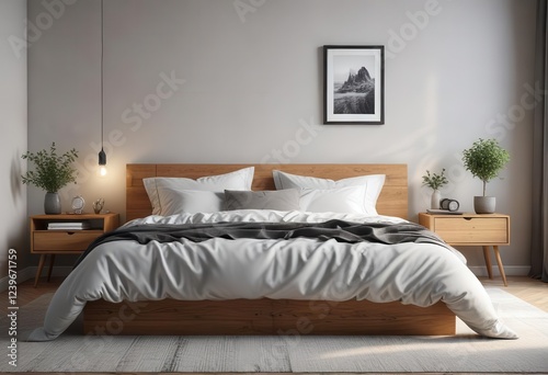 Bed in Scandinavian bedroom with king size bed,  bedroom,  scandinavian,  cozy bedding photo