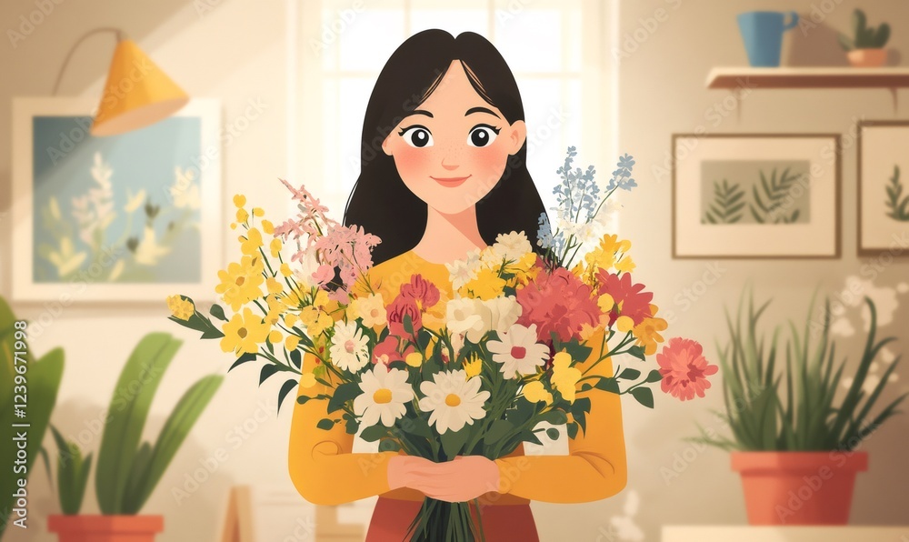 Woman holding a large, colorful bouquet of flowers in a sunlit room, celebrating beauty and joy Woman holding a large, colorful bouquet of flowers in a sunlit room, celebrating beauty and joy
