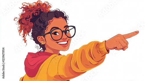 Smiling Young Woman Pointing Her Finger Vector Illustration for Website and Brochure Design