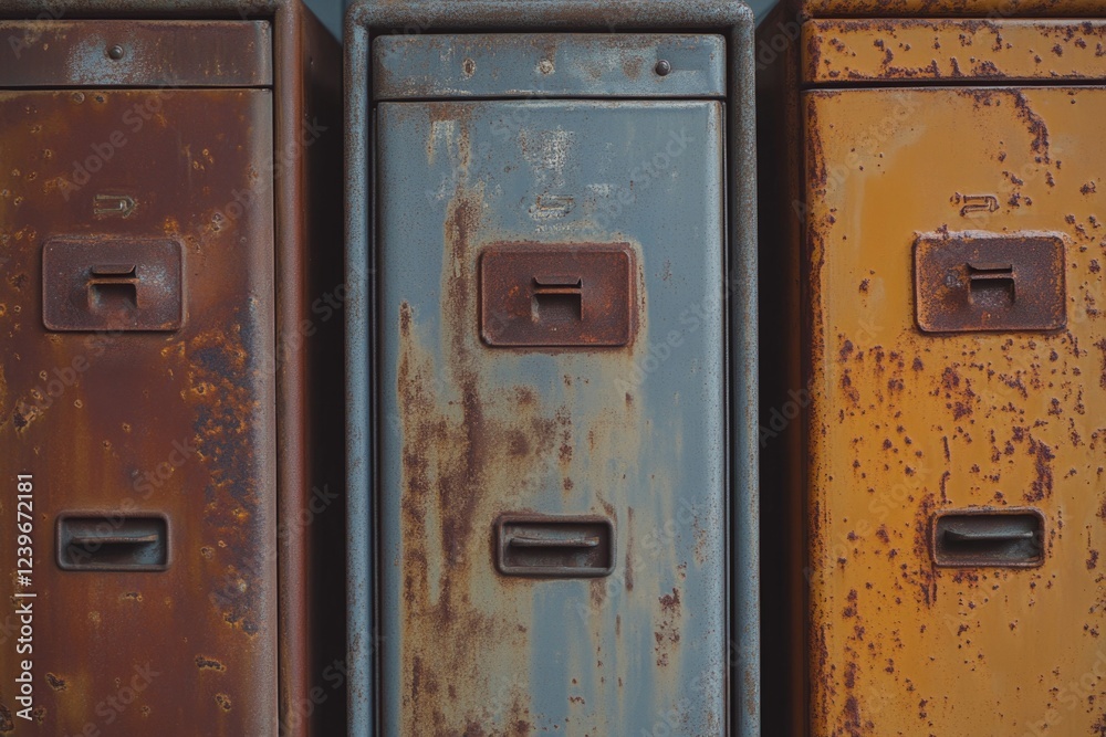 Three old metal lockers showing signs of rust and weathering. Three old metal lockers showing signs of rust and weathering.