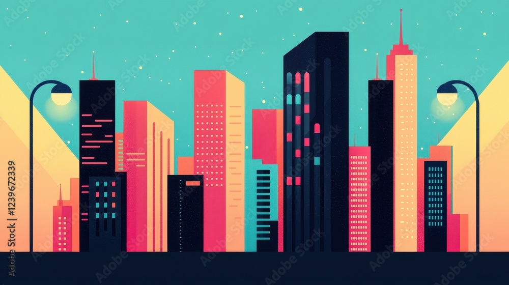 Fototapeta premium Abstract City Skyline at Night with Colorful Buildings and Lights