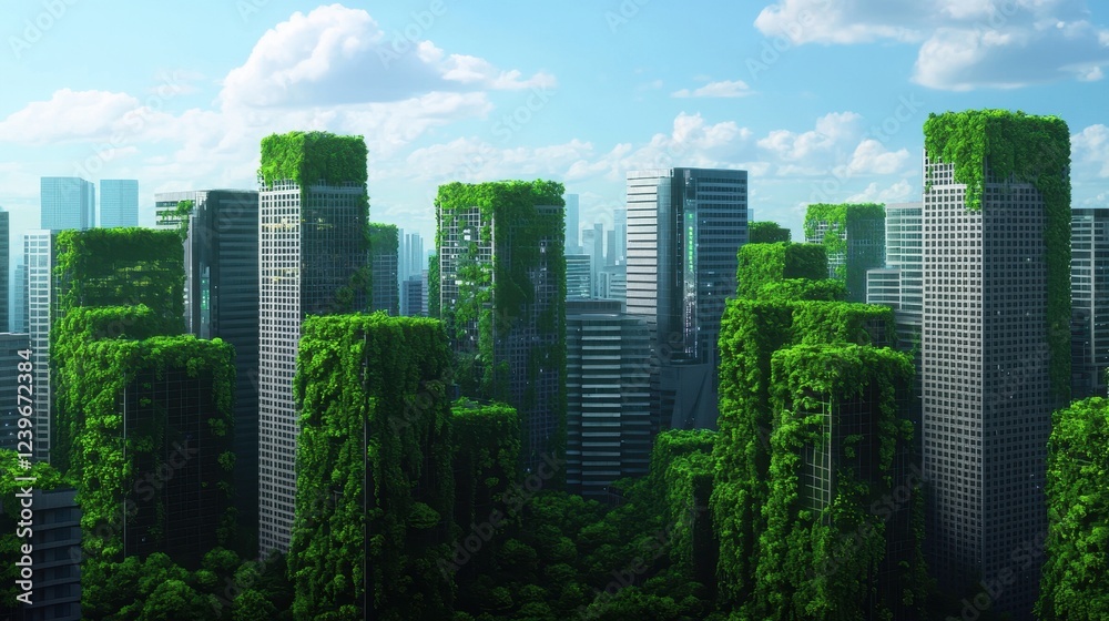 Obraz premium Lush Green Vertical Gardens on Urban High-Rise Buildings in City