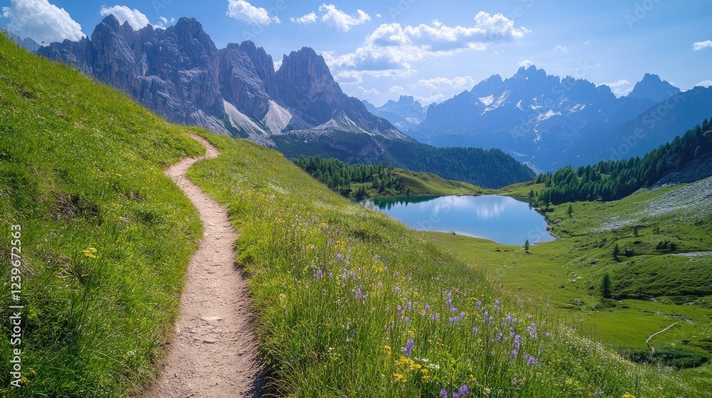 Naklejka premium A winding hiking trail through lush green meadows, with panoramic views of sparkling mountain lakes and towering peaks in the distance, capturing nature beauty.