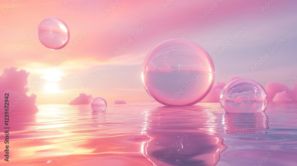 Abstract spheres suspended over water on a pink digital landscape, surrounded by ethereal light and mist for a futuristic look. Abstract spheres suspended over water on a pink digital landscape, surrounded by ethereal light and mist for a futuristic look.