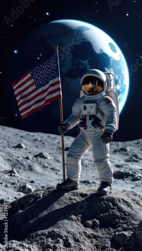 An astronaut stands proudly on a hill on the Moon holding the US flag, with Earth in the background.
Concept of: Lunar triumph.