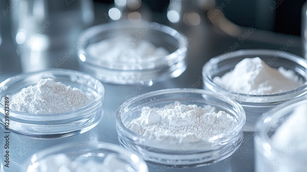 A close-up of glowing white powders and creams stored in small, elegant glass jars on a table A close-up of glowing white powders and creams stored in small, elegant glass jars on a table