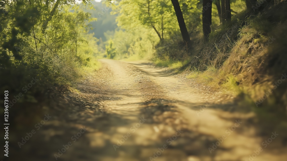 Obraz premium Sun Dappled Path Through Lush Green Forest