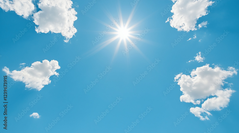 Bright sun shining in a clear blue sky with fluffy clouds creating a serene and uplifting atmosphere for relaxing and outdoor activities. Bright sun shining in a clear blue sky with fluffy clouds creating a serene and uplifting atmosphere for relaxing and outdoor activities.