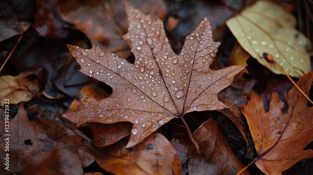 Raindrops on fallen maple leaves during autumn creating a wet and textured scene Raindrops on fallen maple leaves during autumn creating a wet and textured scene