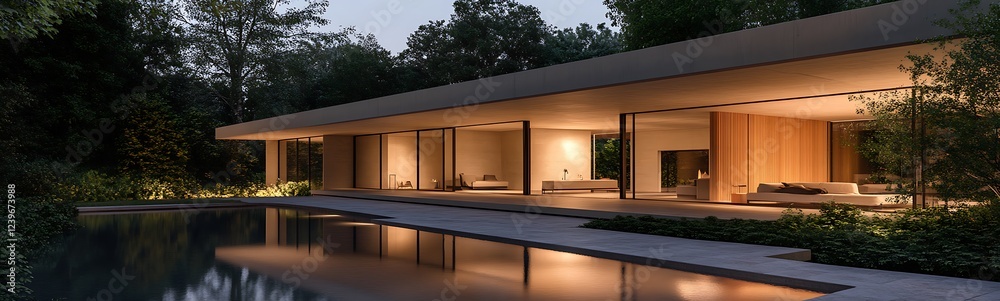 Fototapeta premium Modern architectural home illuminated at dusk, surrounded by lush greenery and a tranquil pool.