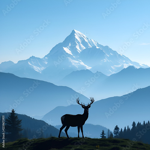 Deer silhouette enveloping majestic mountain panorama photo